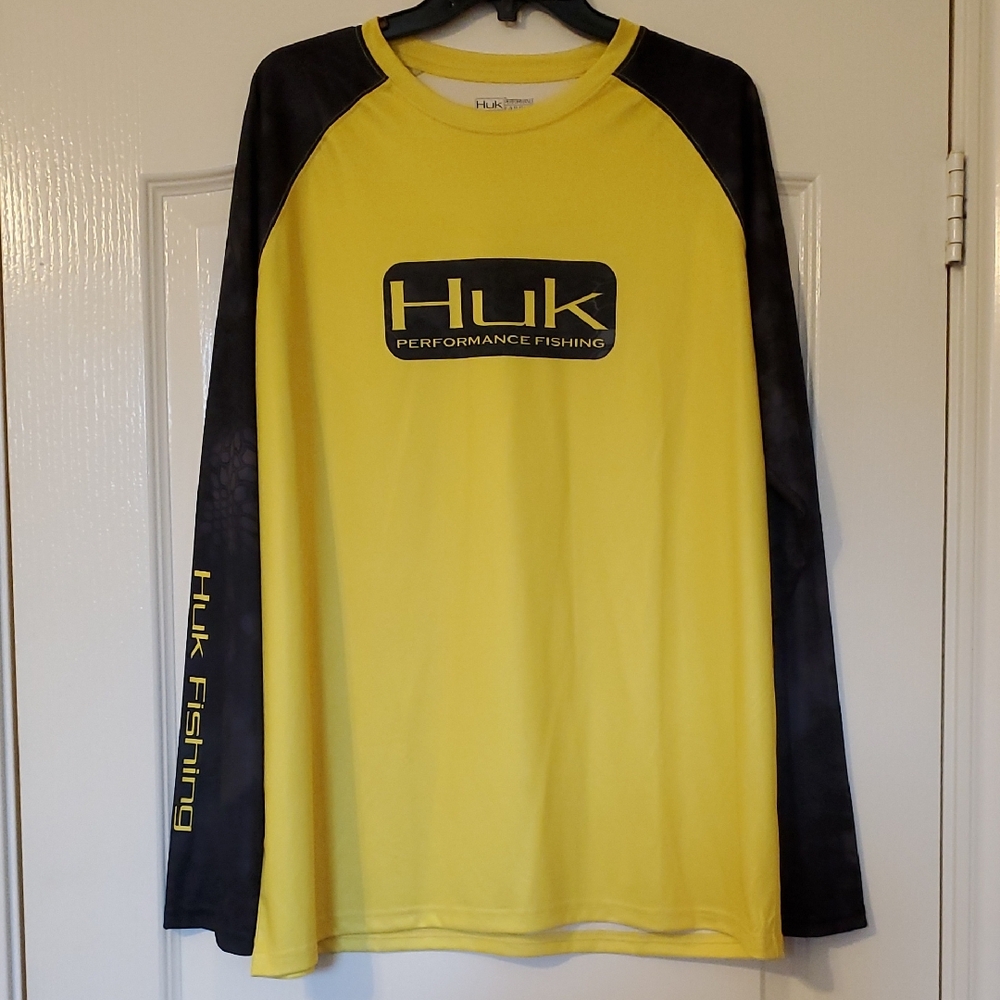 Huk Performance Fishing Yellow and Black Long Sleeve Shirt, XL